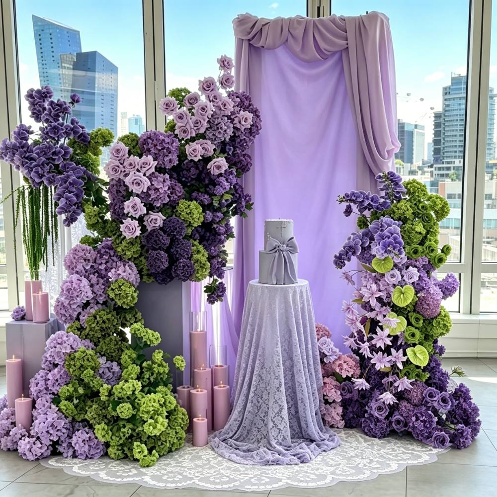 1.5*1.4m Purple&Green Flower Arch Hanging Flower Arrangement