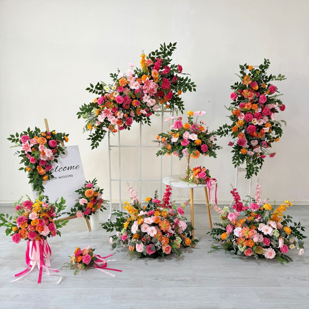 Pink&Orange Artificial Flower Ball Bridal Bouquet Floral Arrangement Set