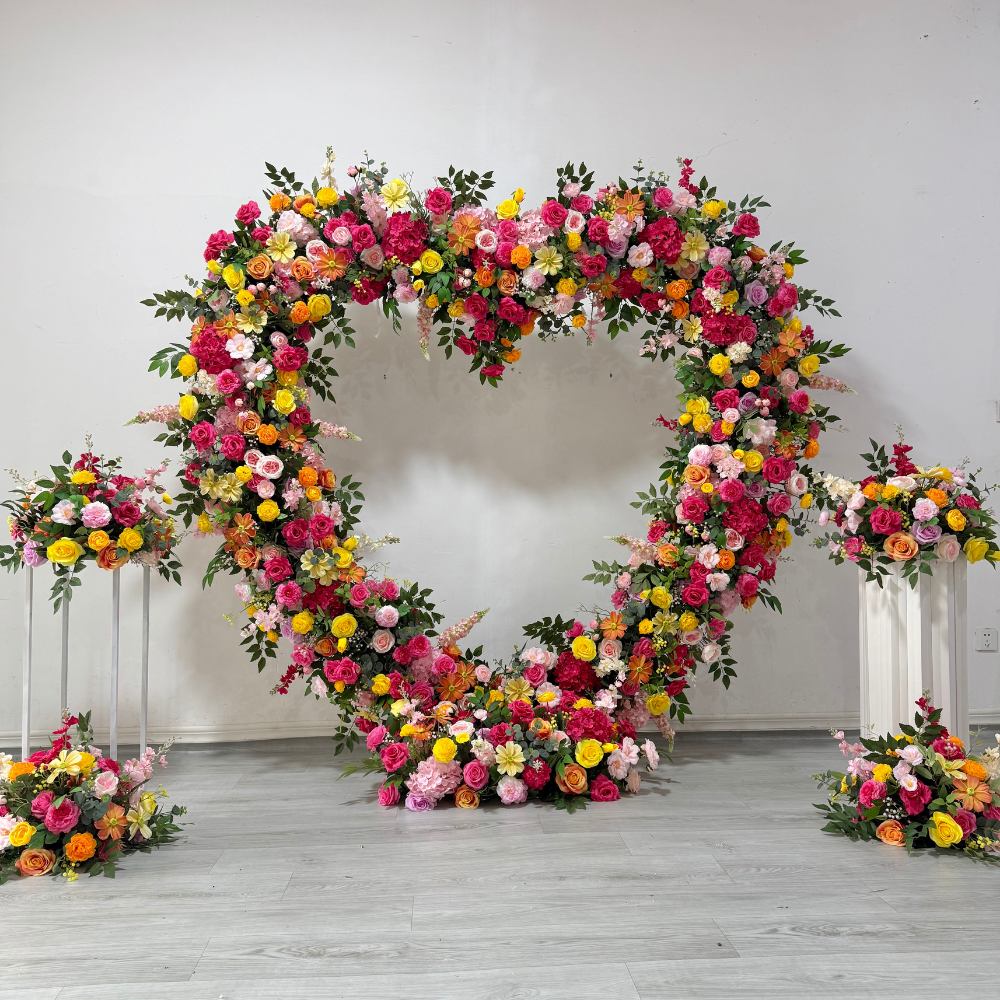 2*2m Pink&Orange Artificial Flower Heart Shaped Arch - Image 1