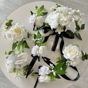White Artificial Flowers Bridal Bouquet Bridesmaid Bouquet Wrist Corsage Boutonniere Set