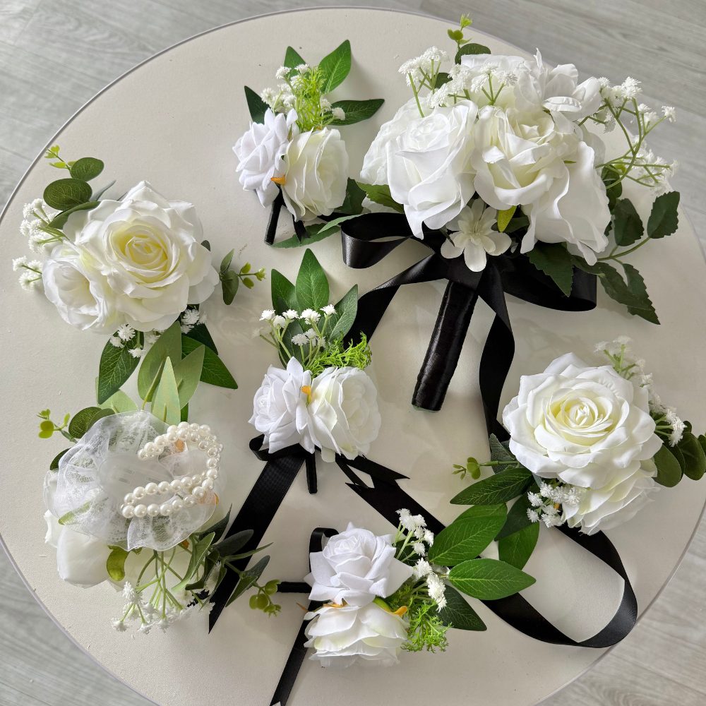 White Artificial Flowers Bridal Bouquet Bridesmaid Bouquet Wrist Corsage Boutonniere Set