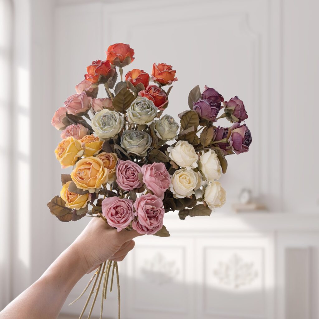 43cm 5-Head Burnt Edge Craft with Dry Withered Texture Silk Artificial Rose Flower