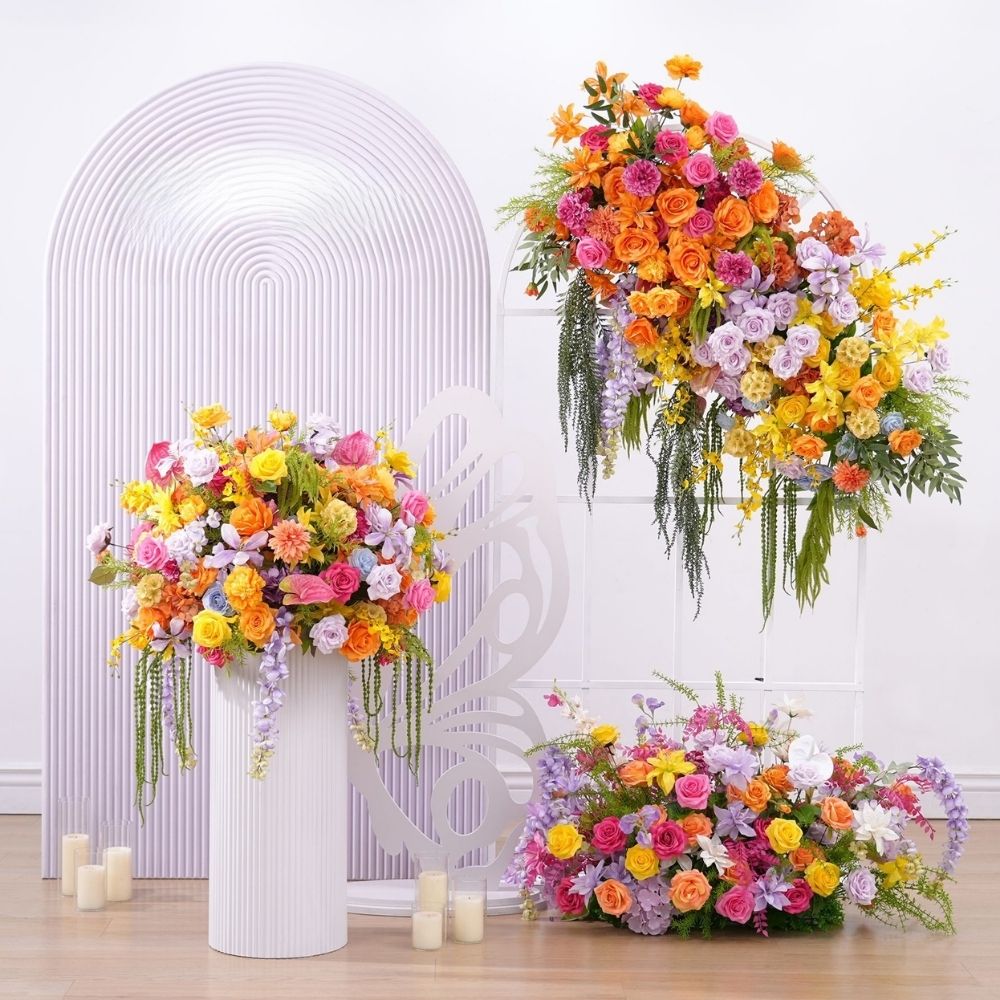 Orange Pink Purple Artificial Flower Arrangement Set