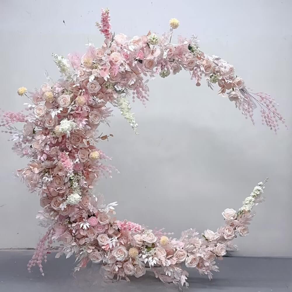 2*2m(6.56*6.56ft) Pink Moon-shaped Artificial Rose Flower Arch Event Backdrop Decor