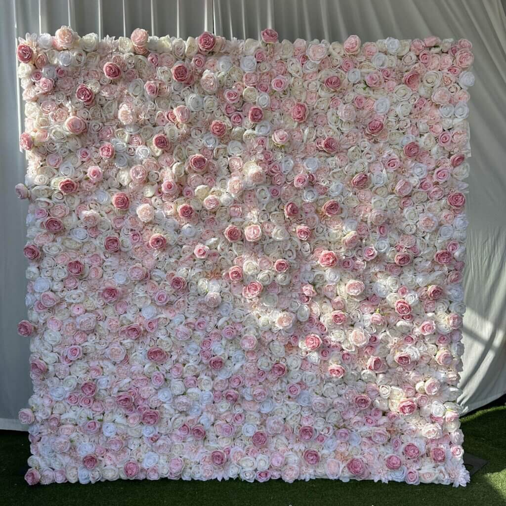 2.4*2.4m(8*8ft) Pink&White Artificial Rose Flower Wall Event Backdrop Decor