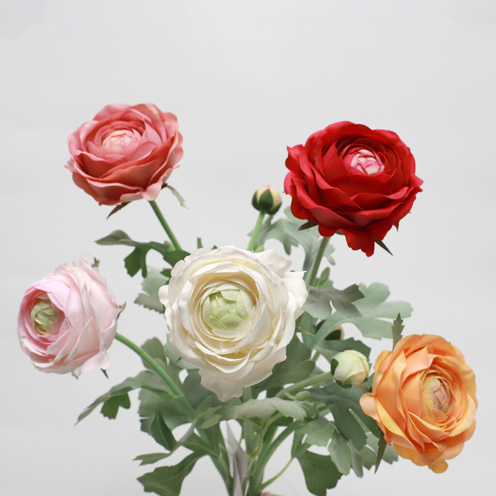 50CM 2-Head Real Touch Artificial Ranunculus with Flocked Stem